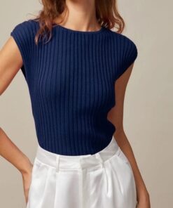 The Blue Boat Neck Ribbed Cap Sleeve Knit Tee11360